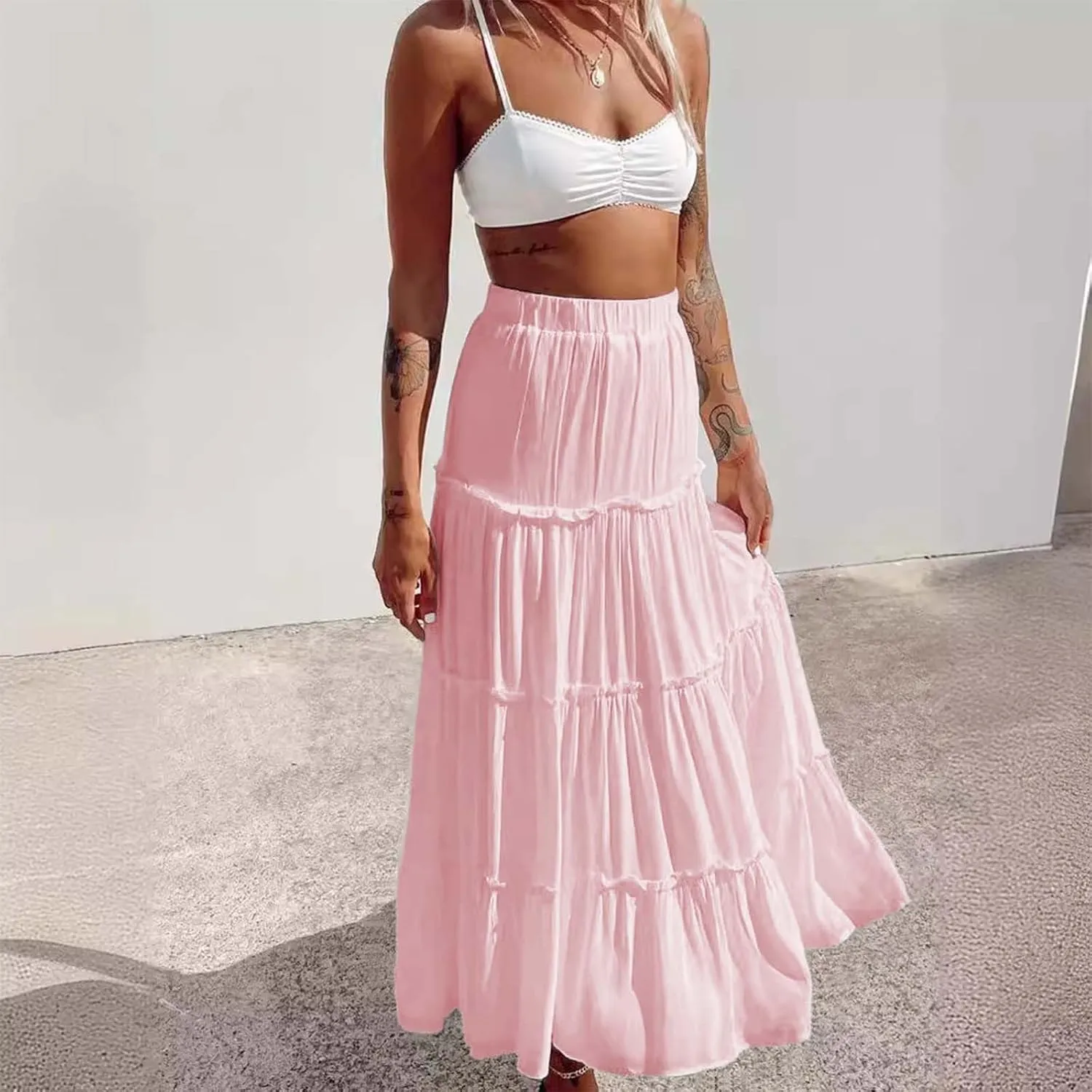 Women's Long Maxi Skirts Elastic High Waist Tiered Flowy Long Skirt Pleated Swing A Line Maxi Summer Girls
