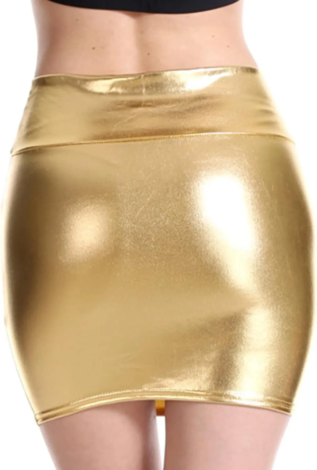 Women's Metallic Shiny PU Leather Bodycon Mini Skirt A-line Pencil Club Party Skirt Clubwear
