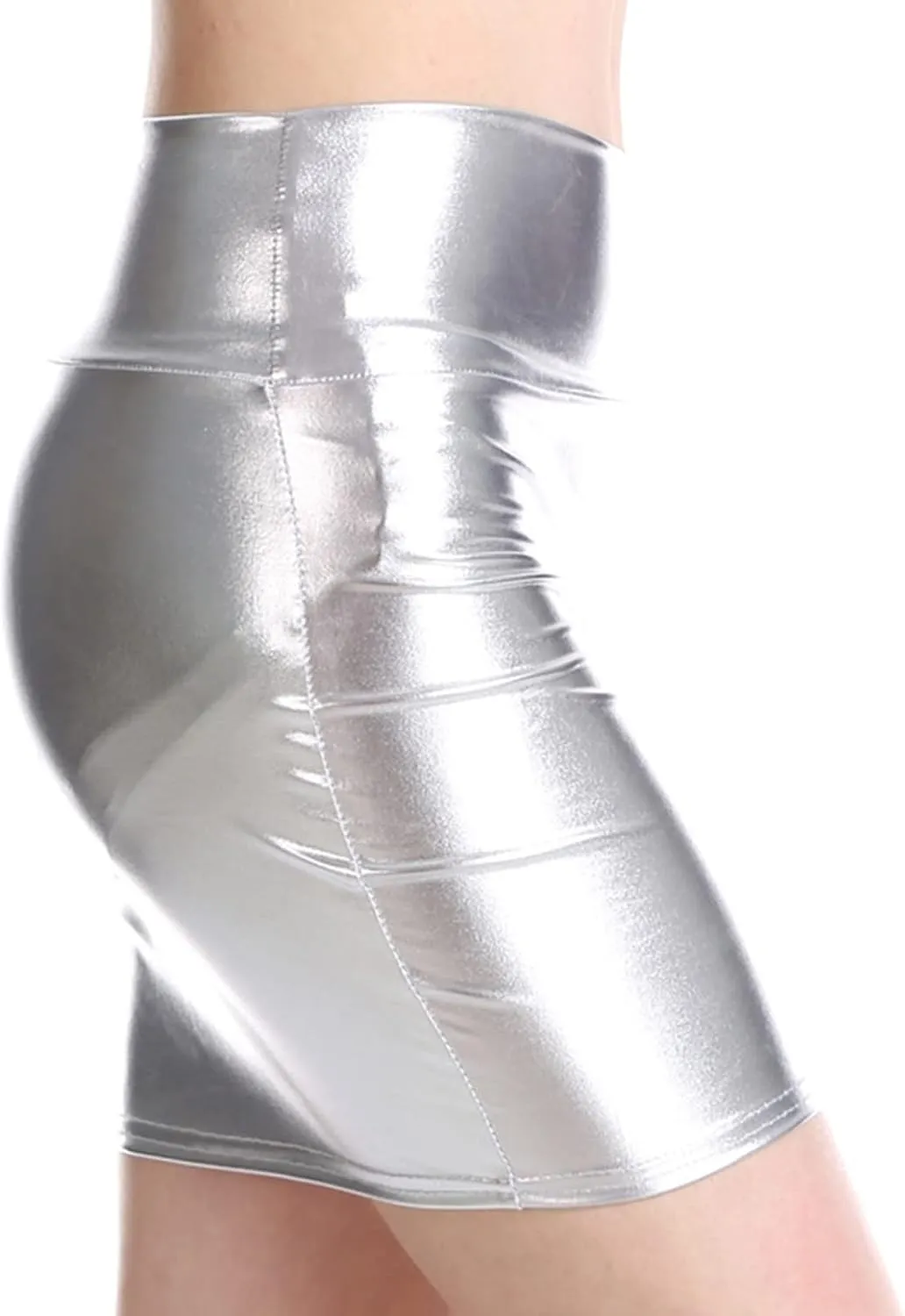 Women's Metallic Shiny PU Leather Bodycon Mini Skirt A-line Pencil Club Party Skirt Clubwear