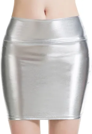 Women's Metallic Shiny PU Leather Bodycon Mini Skirt A-line Pencil Club Party Skirt Clubwear