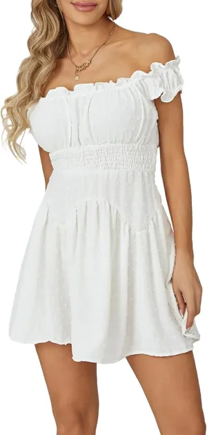Womens Off Shoulder Ruffle Flowy Mini Short Skater Dresses Short Sleeve Elastic Waist A-Line Casual Summer Dress