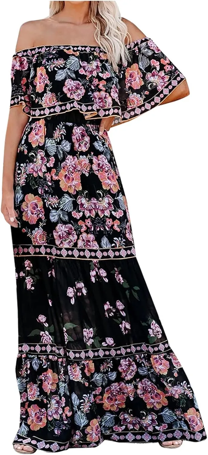 Women's Off The Shoulder Summer Dresses Boho Floral Print Sundress Fashion Vintage Elegant Maxi Dresse