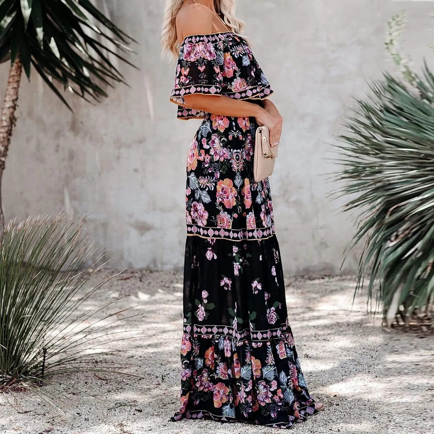 Women's Off The Shoulder Summer Dresses Boho Floral Print Sundress Fashion Vintage Elegant Maxi Dresse