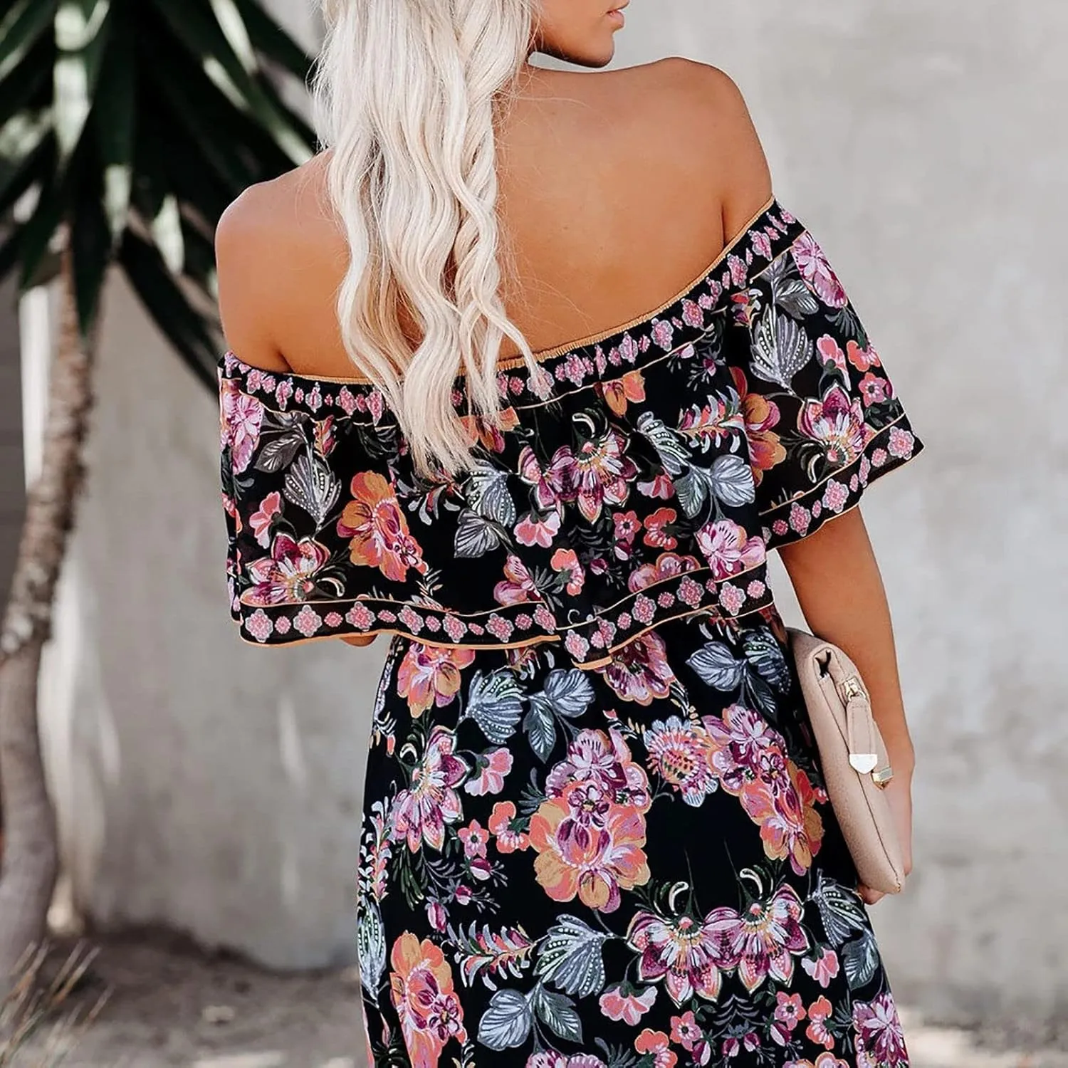 Women's Off The Shoulder Summer Dresses Boho Floral Print Sundress Fashion Vintage Elegant Maxi Dresse
