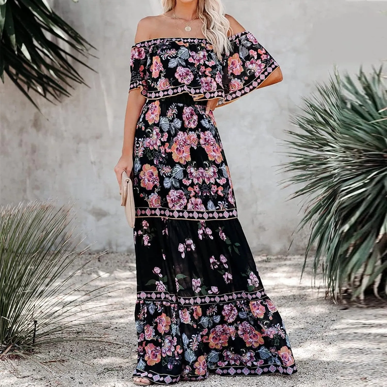 Women's Off The Shoulder Summer Dresses Boho Floral Print Sundress Fashion Vintage Elegant Maxi Dresse