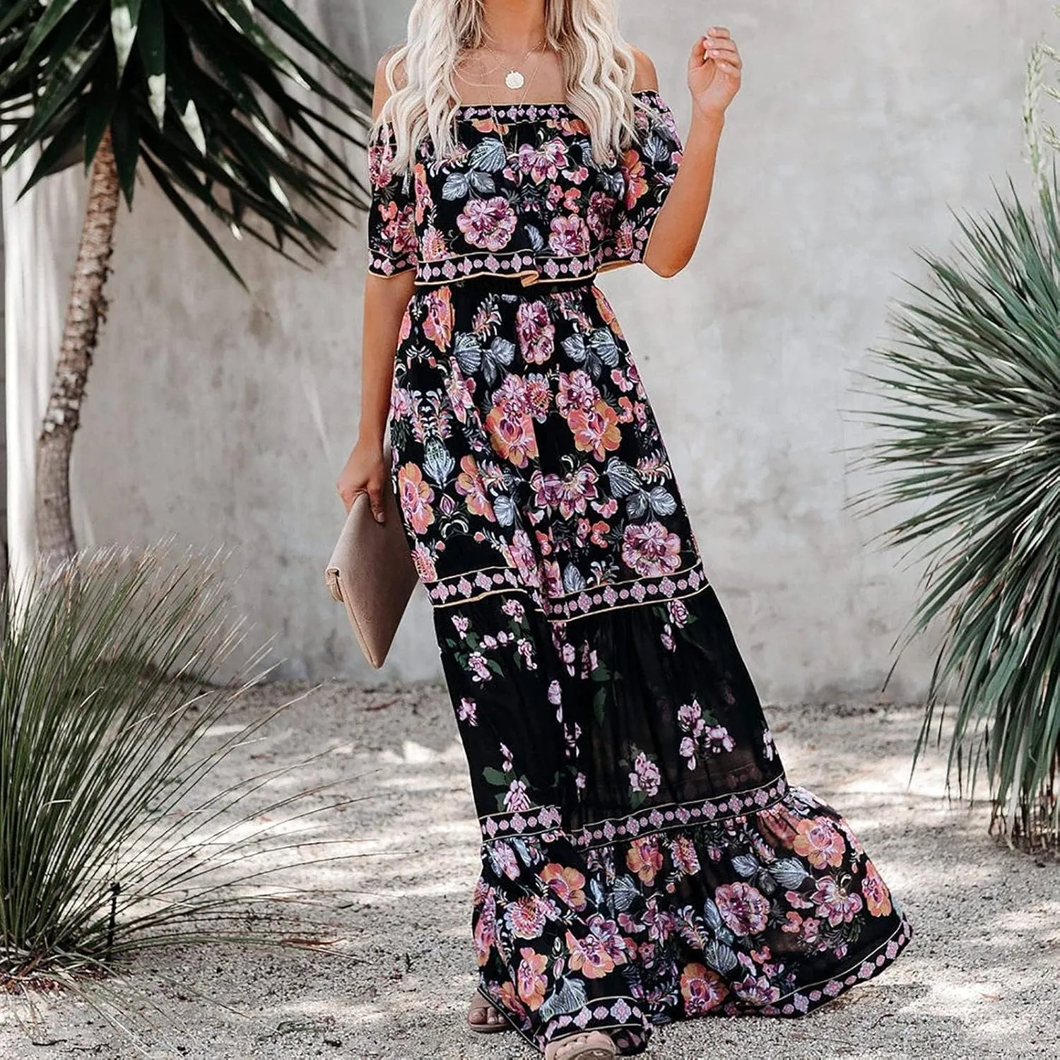 Women's Off The Shoulder Summer Dresses Boho Floral Print Sundress Fashion Vintage Elegant Maxi Dresse