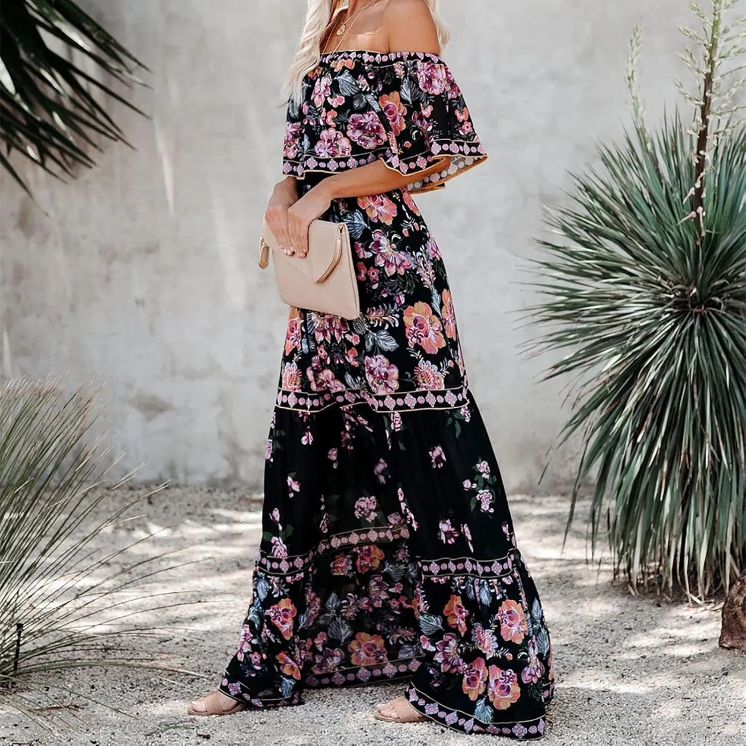 Women's Off The Shoulder Summer Dresses Boho Floral Print Sundress Fashion Vintage Elegant Maxi Dresse