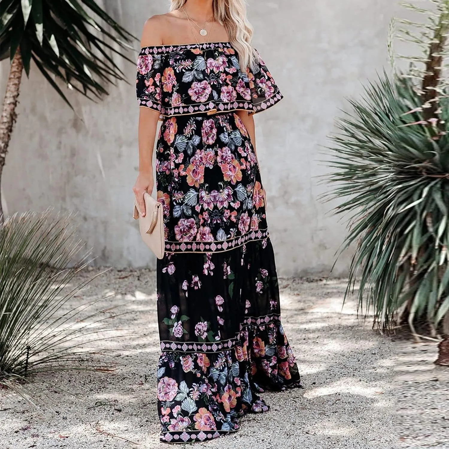 Women's Off The Shoulder Summer Dresses Boho Floral Print Sundress Fashion Vintage Elegant Maxi Dresse