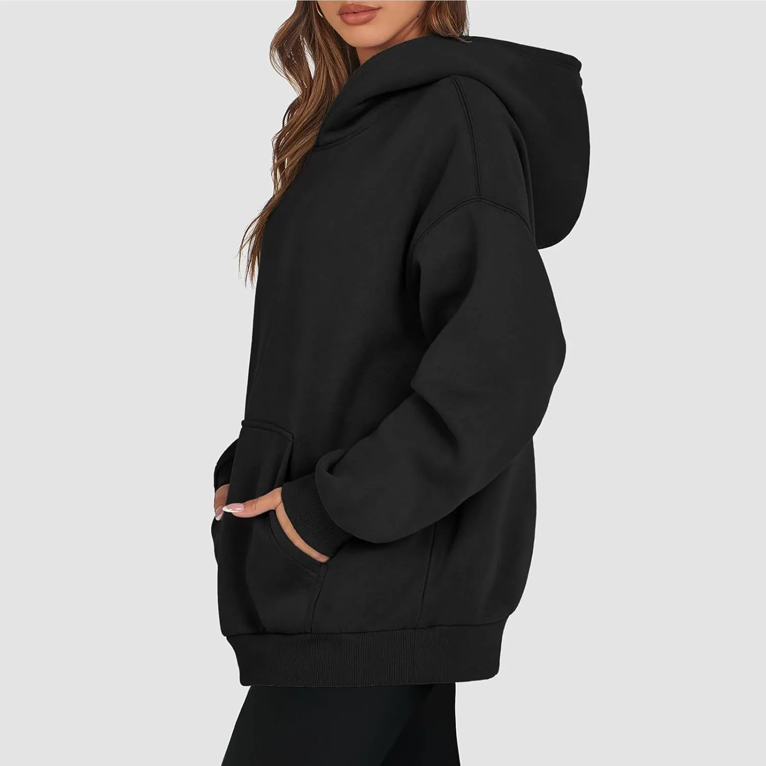 Womens Oversized Hoodies Cotton Plain Long Sleeve Pullover Fall Clothes with Pockets