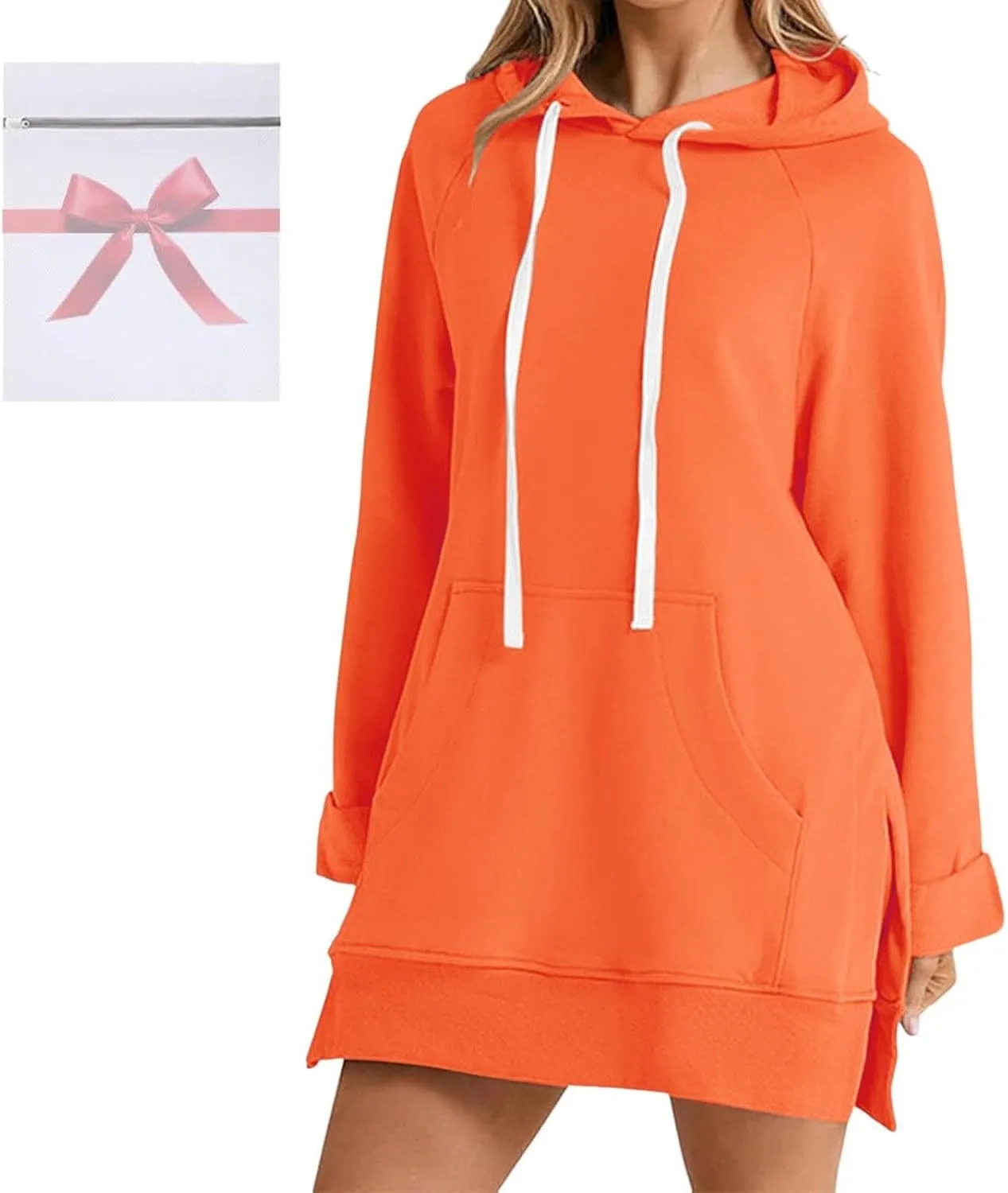 Womens Oversized Sweatshirts Hoodies Casual Long Sleeve Fleece Tops Solid Color Drawstring Pullover Split Soft Outfits