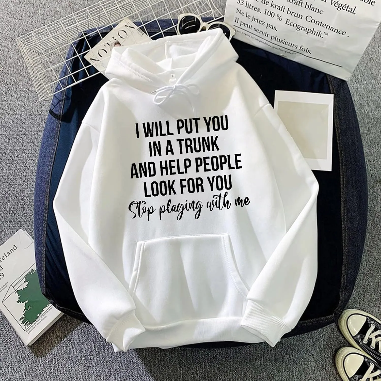 Womens Oversized Sweatshirts Word Graphic Baggy Comfort Drawstring Pullover Drop Shoulder Long Sleeved Trendy Hoodie