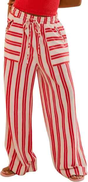 Women's Palazzo Pants Striped Wide Leg High Waist Casual Comfy Pants with Pockets
