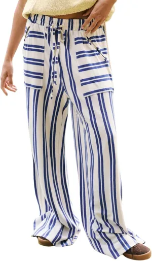 Women's Palazzo Pants Striped Wide Leg High Waist Casual Comfy Pants with Pockets