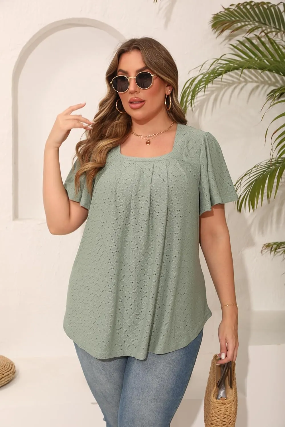 Womens Plus Size Tops Short Sleeve Casual Summer Square Neck Pleated Loose Fit Flowy Eyelet T Shirts Blouse (1X-5X)