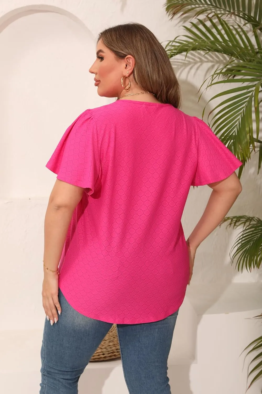 Womens Plus Size Tops Short Sleeve Casual Summer Square Neck Pleated Loose Fit Flowy Eyelet T Shirts Blouse (1X-5X)