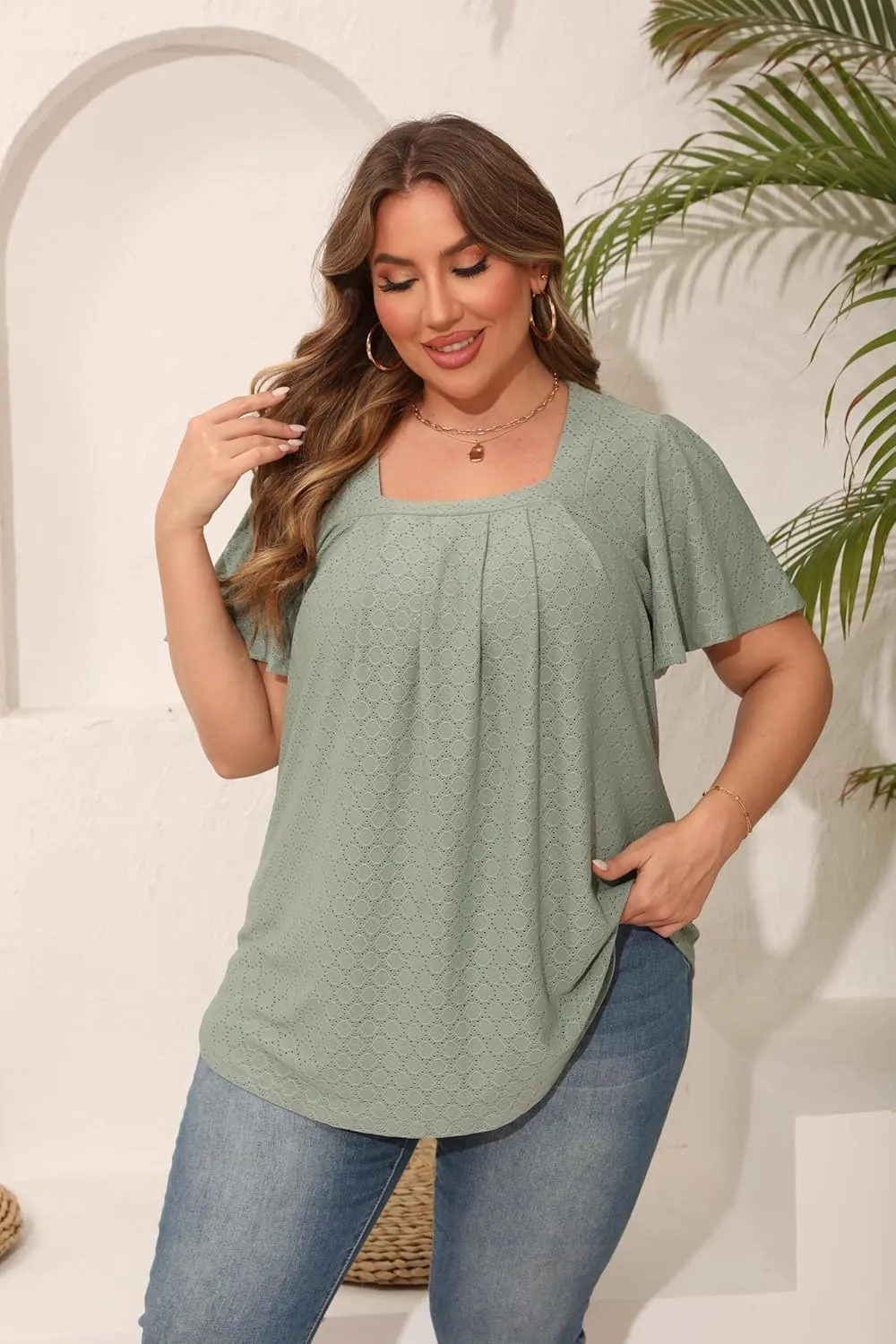 Womens Plus Size Tops Short Sleeve Casual Summer Square Neck Pleated Loose Fit Flowy Eyelet T Shirts Blouse (1X-5X)