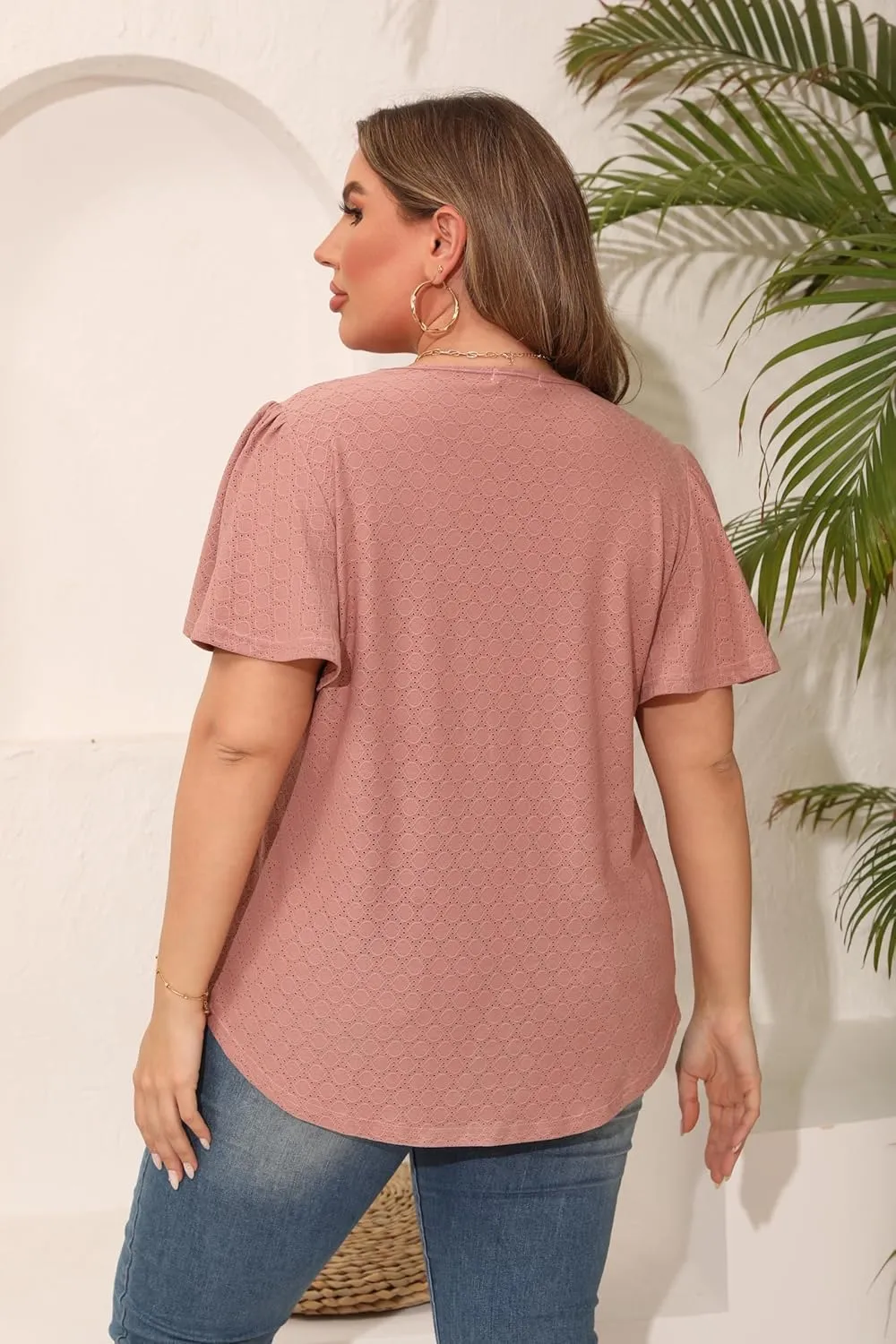 Womens Plus Size Tops Short Sleeve Casual Summer Square Neck Pleated Loose Fit Flowy Eyelet T Shirts Blouse (1X-5X)