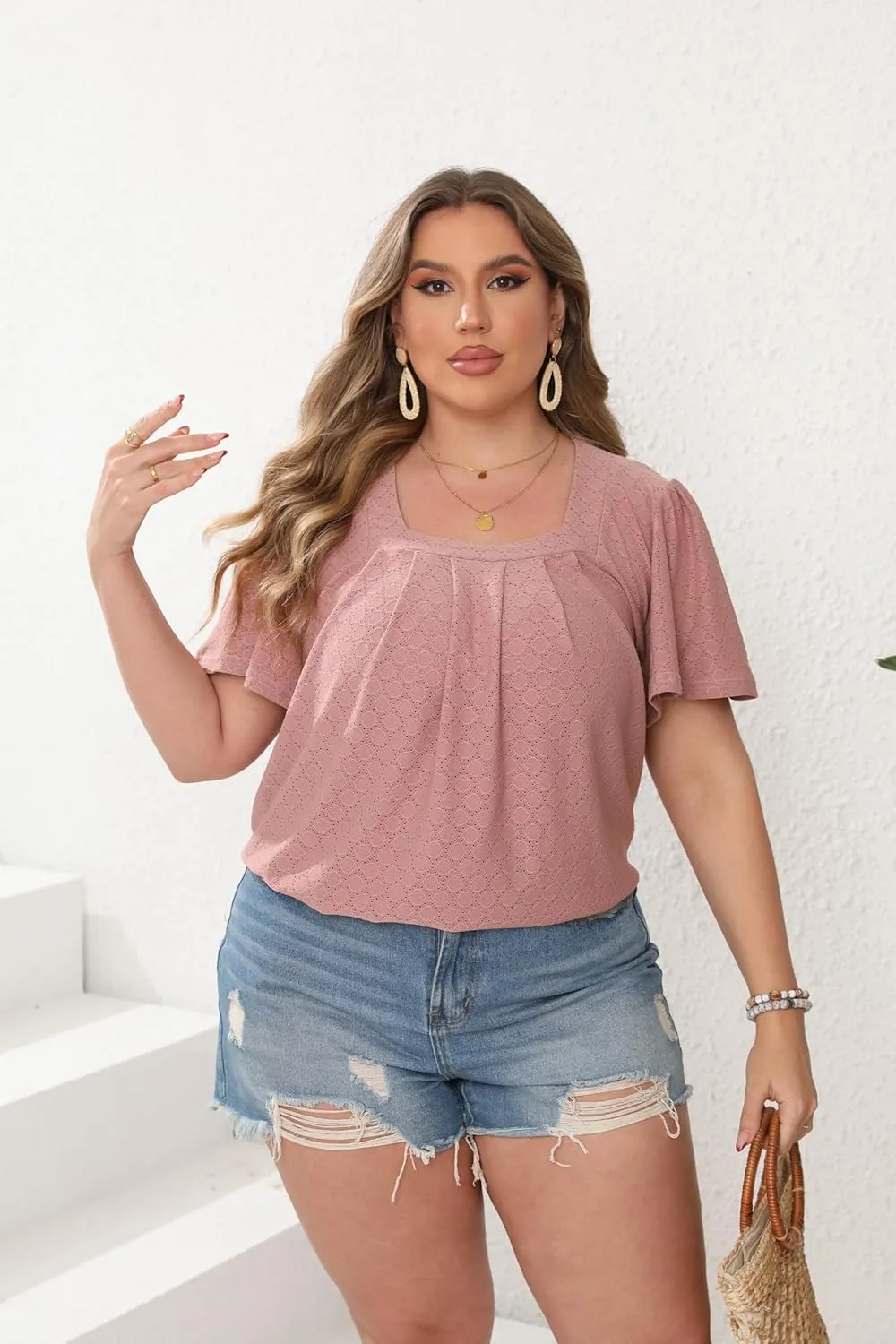 Womens Plus Size Tops Short Sleeve Casual Summer Square Neck Pleated Loose Fit Flowy Eyelet T Shirts Blouse (1X-5X)