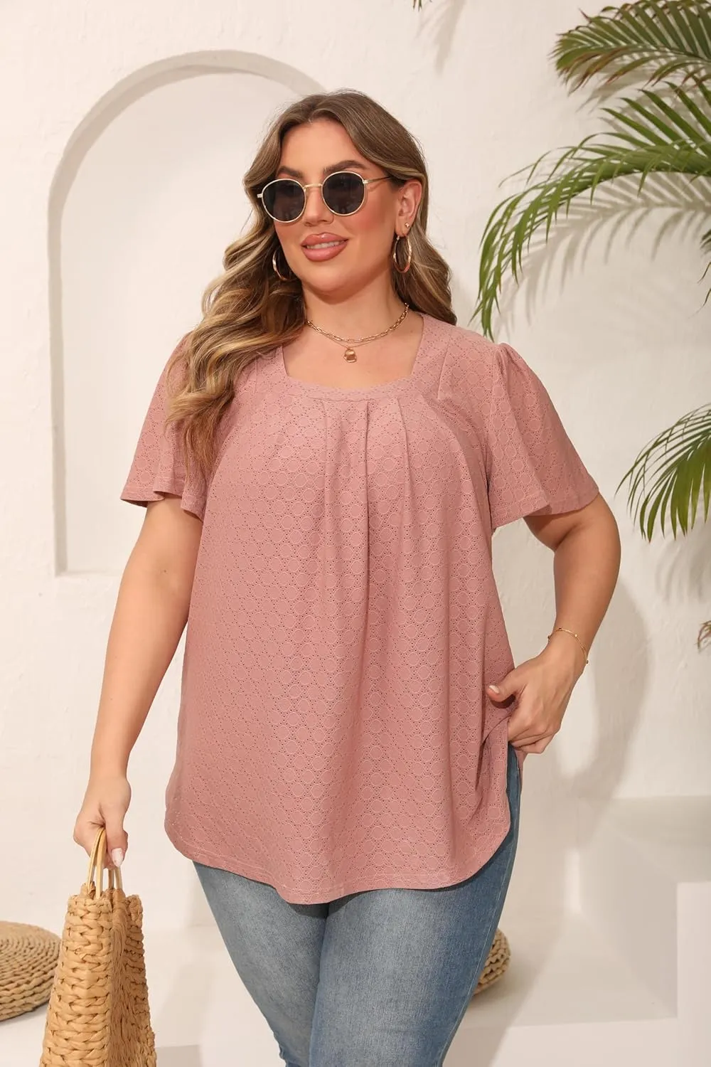Womens Plus Size Tops Short Sleeve Casual Summer Square Neck Pleated Loose Fit Flowy Eyelet T Shirts Blouse (1X-5X)