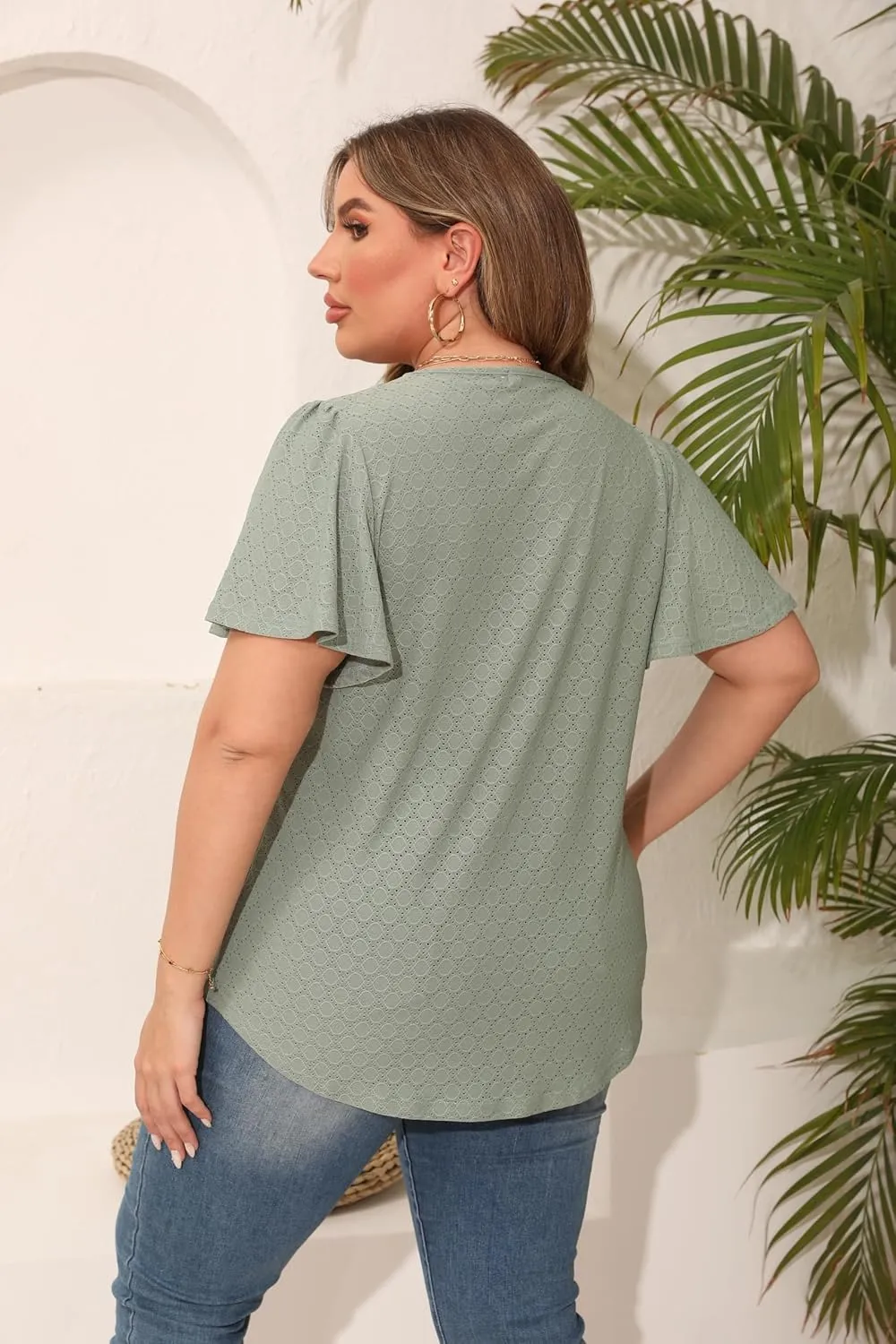 Womens Plus Size Tops Short Sleeve Casual Summer Square Neck Pleated Loose Fit Flowy Eyelet T Shirts Blouse (1X-5X)
