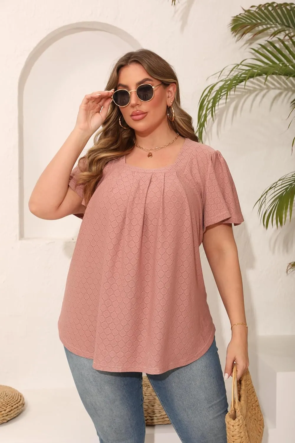 Womens Plus Size Tops Short Sleeve Casual Summer Square Neck Pleated Loose Fit Flowy Eyelet T Shirts Blouse (1X-5X)