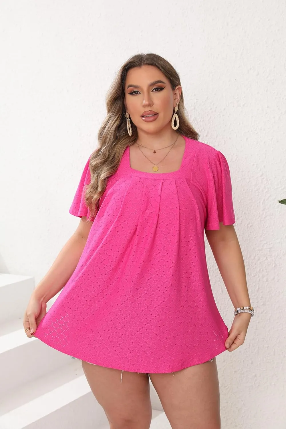 Womens Plus Size Tops Short Sleeve Casual Summer Square Neck Pleated Loose Fit Flowy Eyelet T Shirts Blouse (1X-5X)