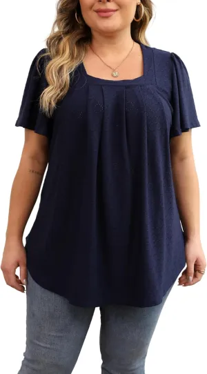 Womens Plus Size Tops Short Sleeve Casual Summer Square Neck Pleated Loose Fit Flowy Eyelet T Shirts Blouse (1X-5X)