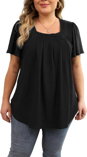 Womens Plus Size Tops Short Sleeve Casual Summer Square Neck Pleated Loose Fit Flowy Eyelet T Shirts Blouse (1X-5X)