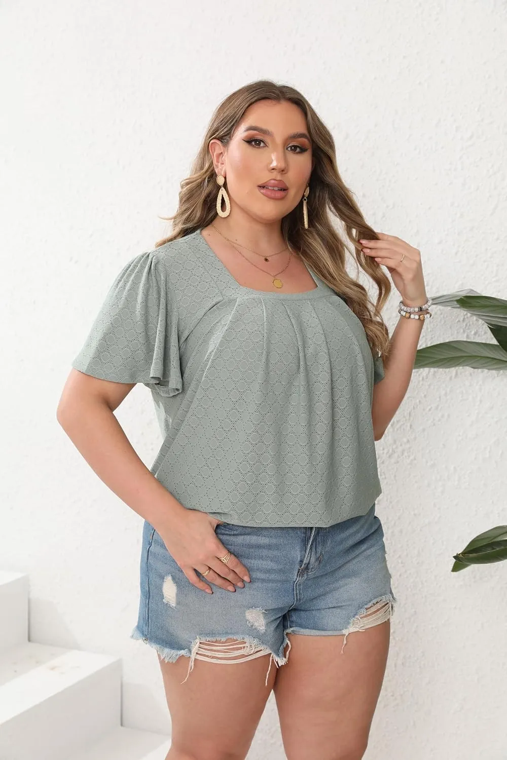 Womens Plus Size Tops Short Sleeve Casual Summer Square Neck Pleated Loose Fit Flowy Eyelet T Shirts Blouse (1X-5X)