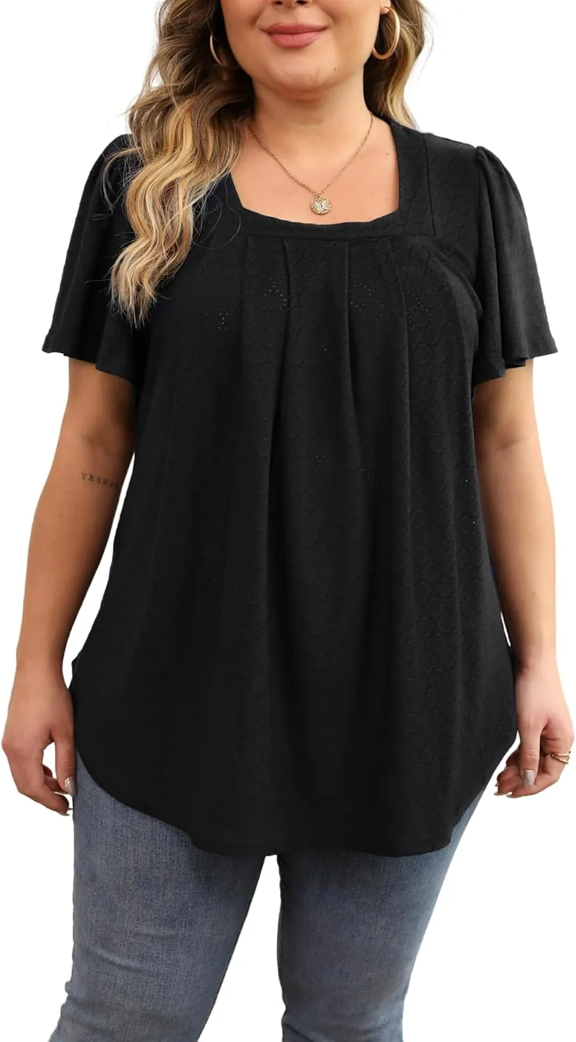 Womens Plus Size Tops Short Sleeve Casual Summer Square Neck Pleated Loose Fit Flowy Eyelet T Shirts Blouse (1X-5X)