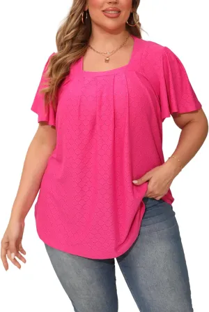 Womens Plus Size Tops Short Sleeve Casual Summer Square Neck Pleated Loose Fit Flowy Eyelet T Shirts Blouse (1X-5X)