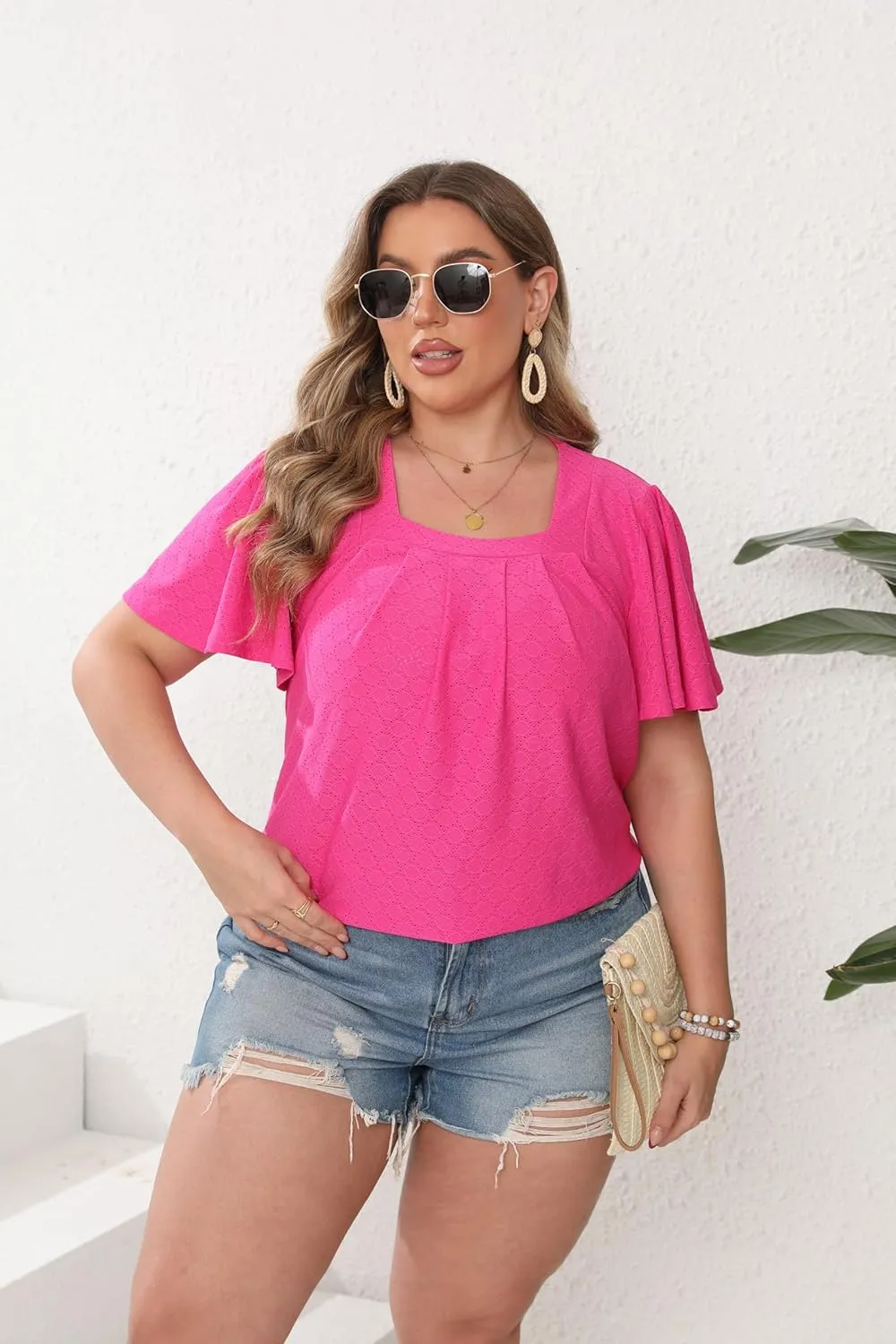 Womens Plus Size Tops Short Sleeve Casual Summer Square Neck Pleated Loose Fit Flowy Eyelet T Shirts Blouse (1X-5X)