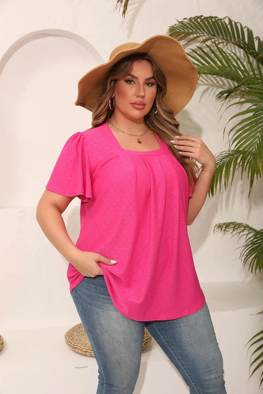 Womens Plus Size Tops Short Sleeve Casual Summer Square Neck Pleated Loose Fit Flowy Eyelet T Shirts Blouse (1X-5X)