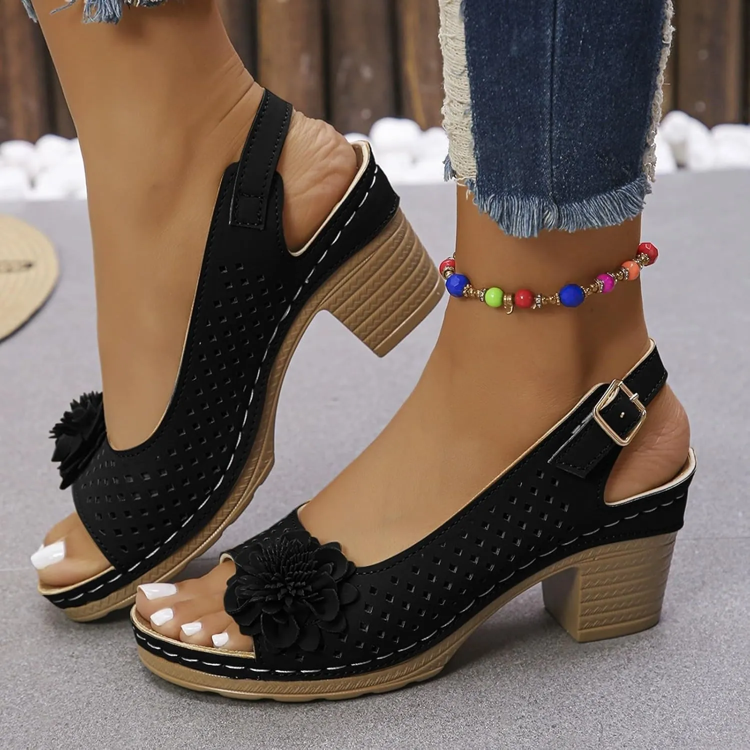 Womens Sandals Block Heel Open Toe Fish Mouth Flowers Comfortable Hollow Out Breathable Adjustable Strappy Shoes Dress Wedding Comfy Elegant Vacation Beach Party Sandals