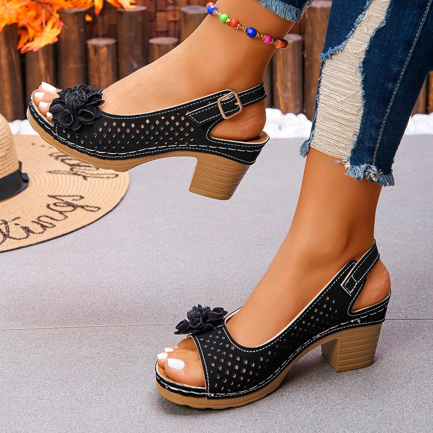 Womens Sandals Block Heel Open Toe Fish Mouth Flowers Comfortable Hollow Out Breathable Adjustable Strappy Shoes Dress Wedding Comfy Elegant Vacation Beach Party Sandals