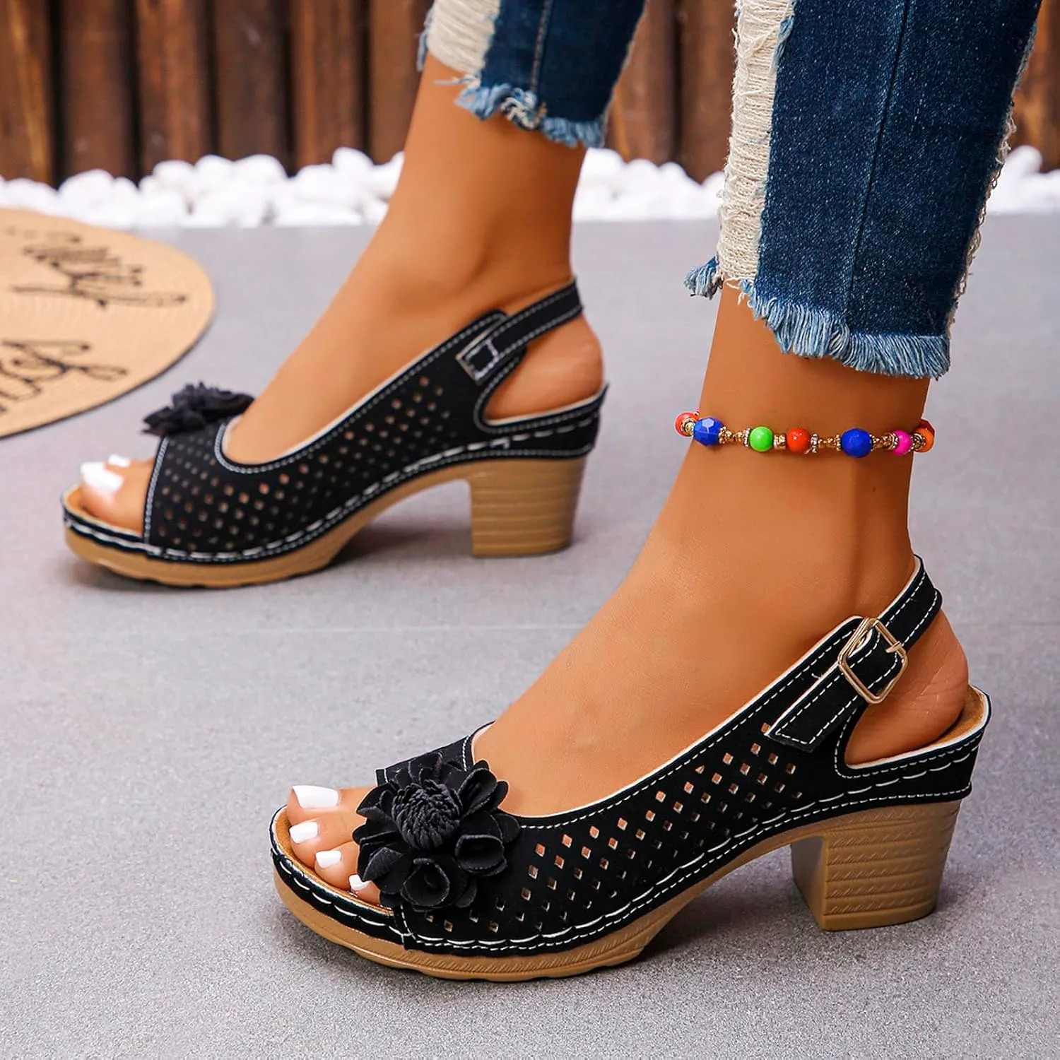 Womens Sandals Block Heel Open Toe Fish Mouth Flowers Comfortable Hollow Out Breathable Adjustable Strappy Shoes Dress Wedding Comfy Elegant Vacation Beach Party Sandals