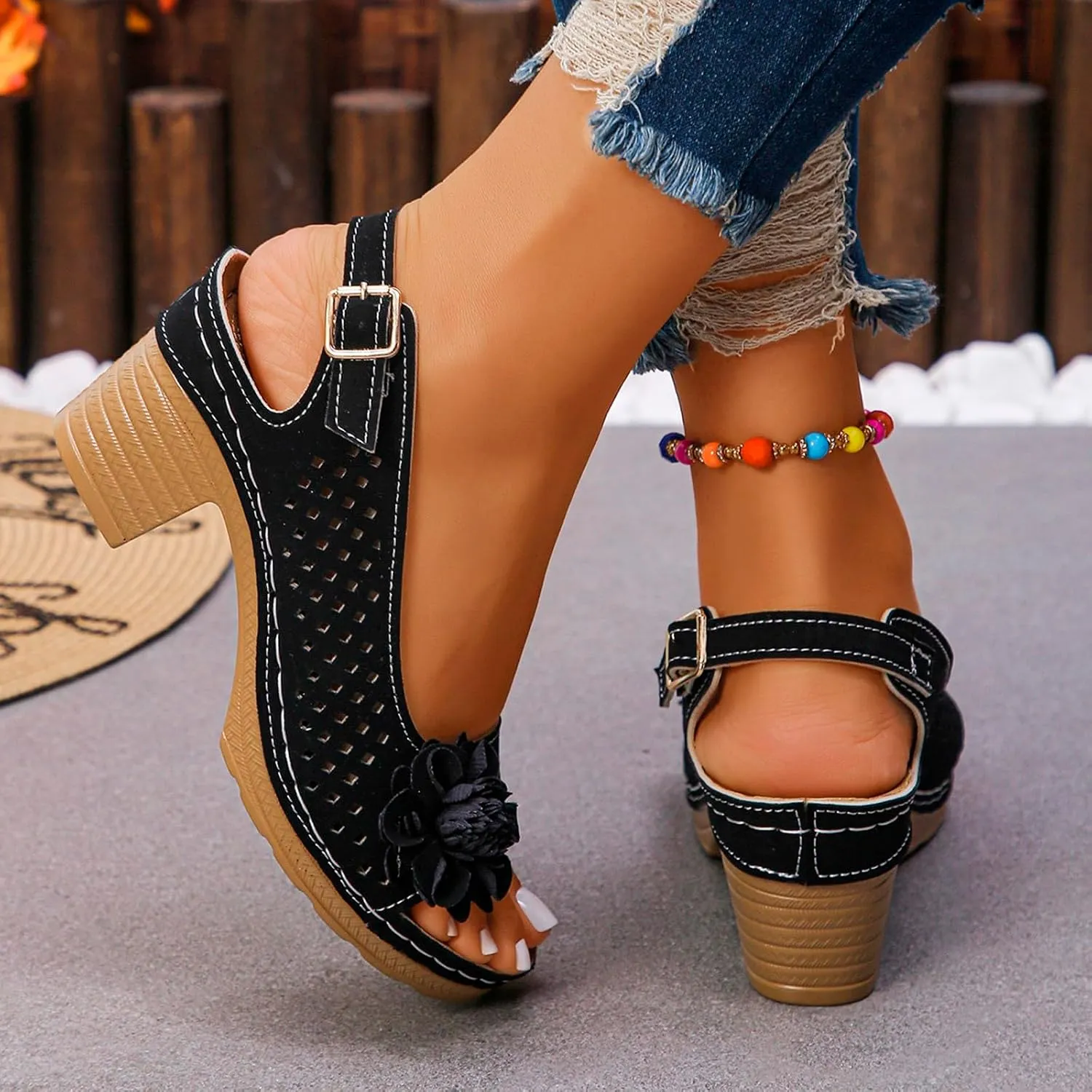 Womens Sandals Block Heel Open Toe Fish Mouth Flowers Comfortable Hollow Out Breathable Adjustable Strappy Shoes Dress Wedding Comfy Elegant Vacation Beach Party Sandals
