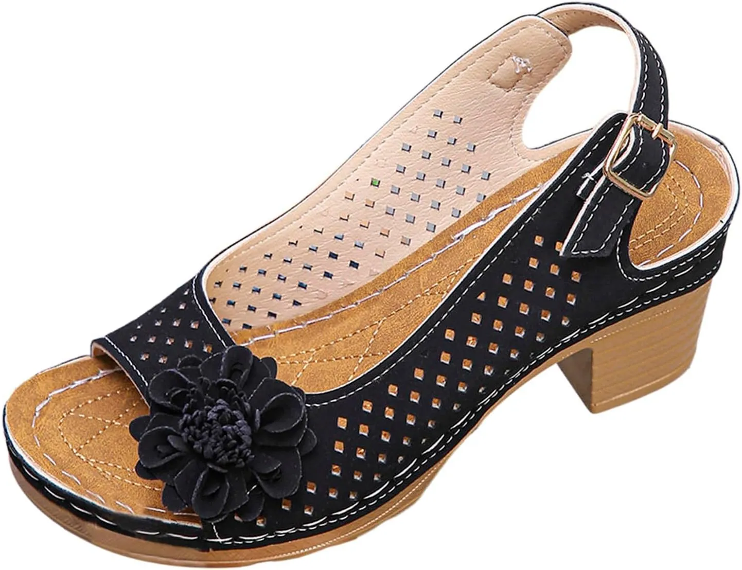 Womens Sandals Block Heel Open Toe Fish Mouth Flowers Comfortable Hollow Out Breathable Adjustable Strappy Shoes Dress Wedding Comfy Elegant Vacation Beach Party Sandals