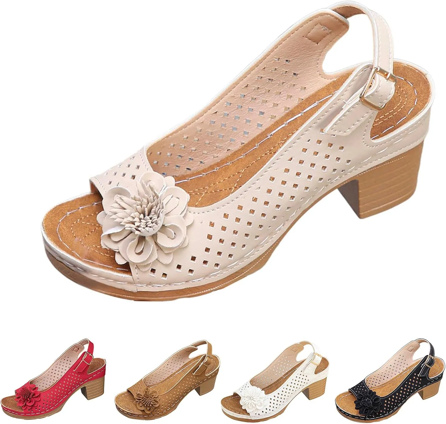 Womens Sandals Block Heel Open Toe Fish Mouth Flowers Comfortable Hollow Out Breathable Adjustable Strappy Shoes Dress Wedding Comfy Elegant Vacation Beach Party Sandals