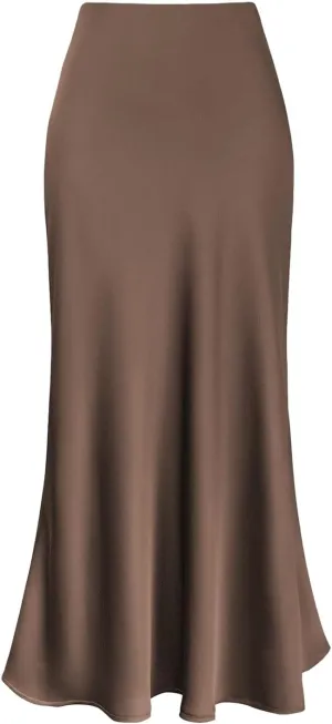 Women's Satin High Waisted Maxi Skirts Hidden Elasticized Waistband A Line Long Skirt Cocktail Party Wedding Skirts