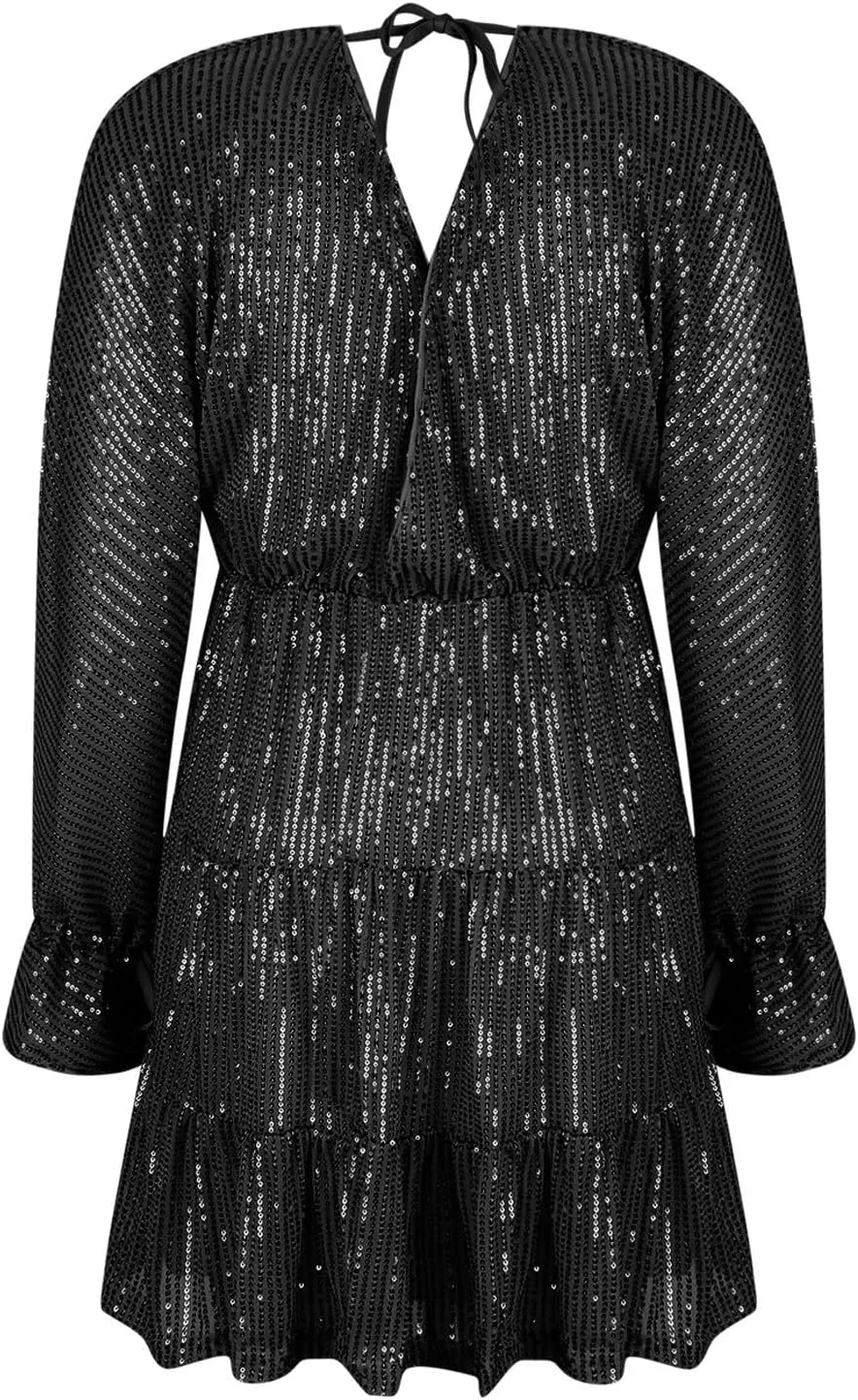 Women's Sequin Sparkly Glitter Dress Sexy V Neck Ruffle Long Sleeve Mini Dress Elegant Party Club Dress