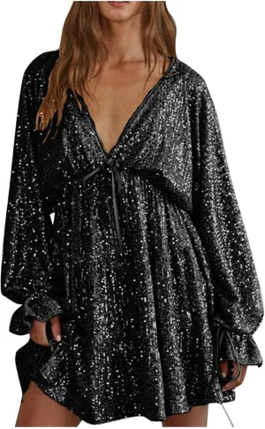Women's Sequin Sparkly Glitter Dress Sexy V Neck Ruffle Long Sleeve Mini Dress Elegant Party Club Dress