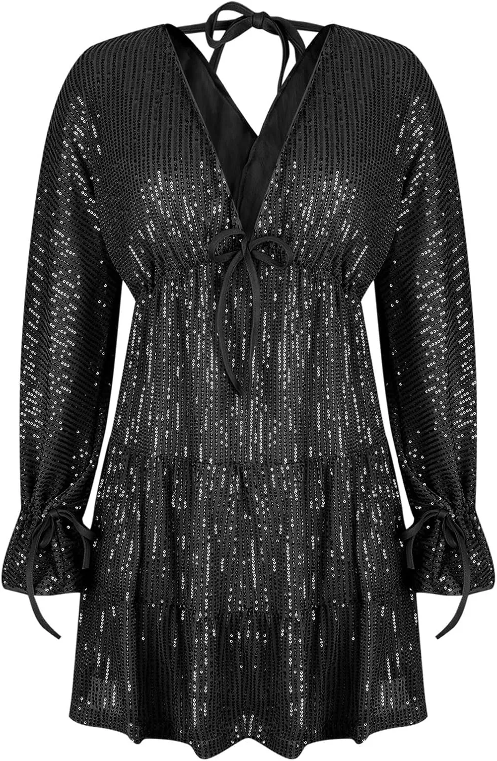 Women's Sequin Sparkly Glitter Dress Sexy V Neck Ruffle Long Sleeve Mini Dress Elegant Party Club Dress