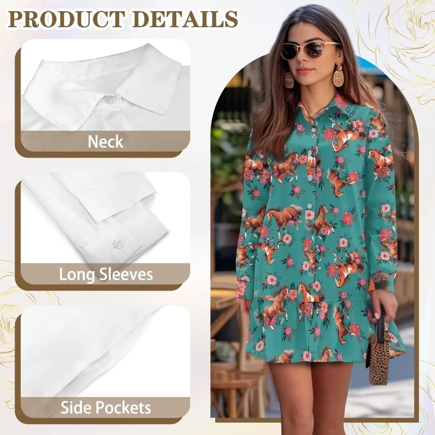 Women's Shirt Mini Dress Soft V-Neck Button Down Shift Mini Dress Casual Long Sleeve Ruffle Hem Flowy Dresses