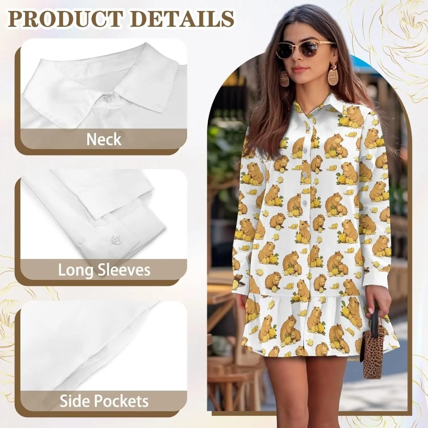 Women's Shirt Mini Dress Soft V-Neck Button Down Shift Mini Dress Casual Long Sleeve Ruffle Hem Flowy Dresses