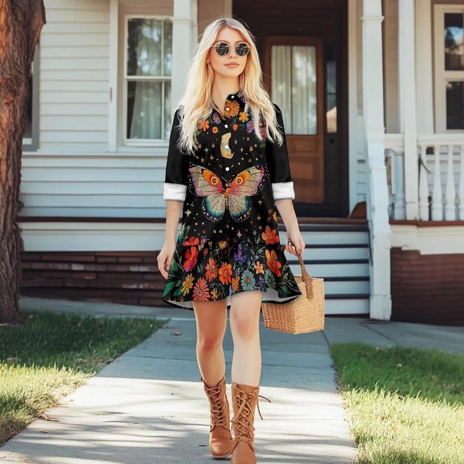 Women's Shirt Mini Dress Soft V-Neck Button Down Shift Mini Dress Casual Long Sleeve Ruffle Hem Flowy Dresses