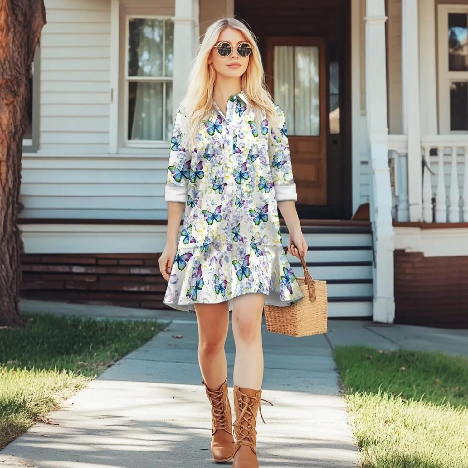 Women's Shirt Mini Dress Soft V-Neck Button Down Shift Mini Dress Casual Long Sleeve Ruffle Hem Flowy Dresses