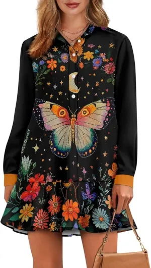 Women's Shirt Mini Dress Soft V-Neck Button Down Shift Mini Dress Casual Long Sleeve Ruffle Hem Flowy Dresses