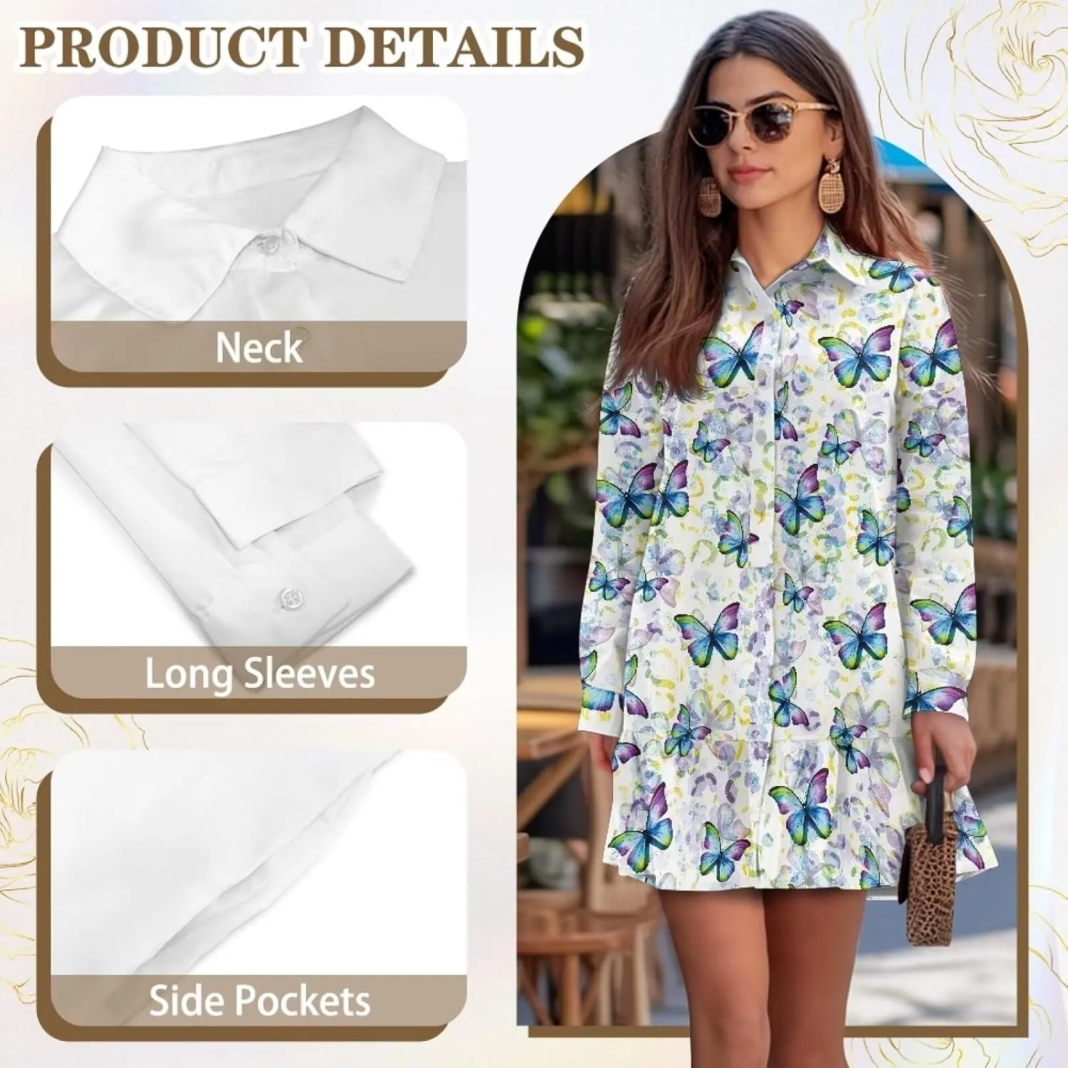 Women's Shirt Mini Dress Soft V-Neck Button Down Shift Mini Dress Casual Long Sleeve Ruffle Hem Flowy Dresses
