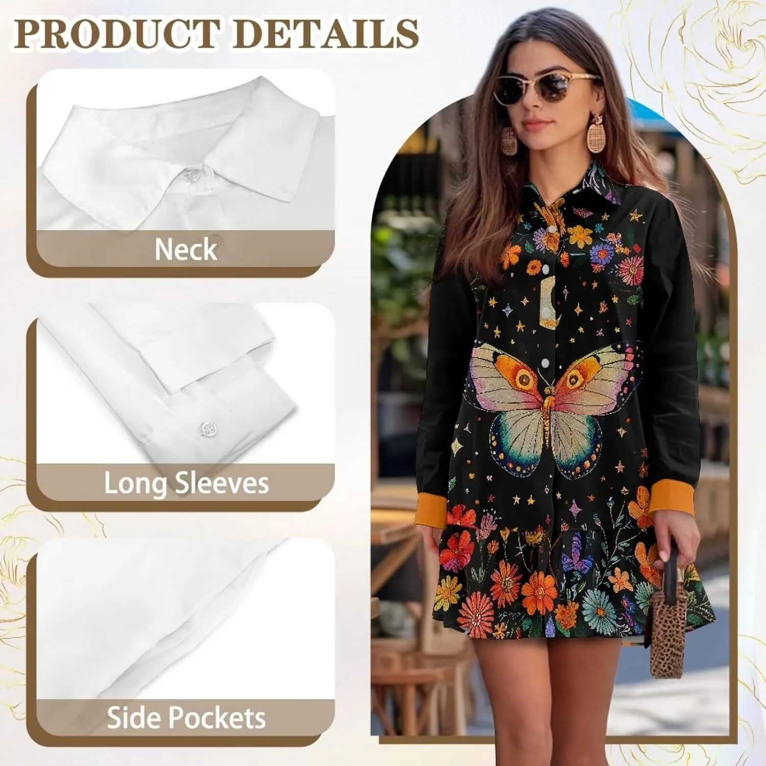 Women's Shirt Mini Dress Soft V-Neck Button Down Shift Mini Dress Casual Long Sleeve Ruffle Hem Flowy Dresses